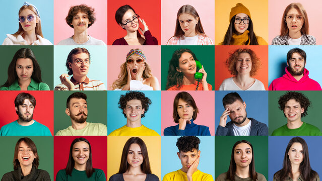 Youth community. Collage of ethnically diverse people, men and women expressing different emotions over multicolored background. Team, job fair, ad concept