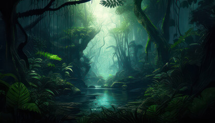 Illustration of a mystical rainforest, wallpaper, Generative AI