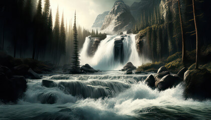 Illustration of a rushing waterfall with mountains and a forest in the background, wallpaper, Generative AI