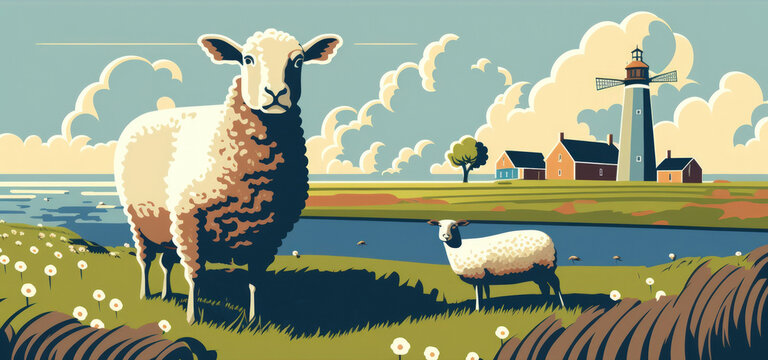 texelaar sheep grazing with a lamb looking in a field, grassland, Dutch, Holland. Generative AI