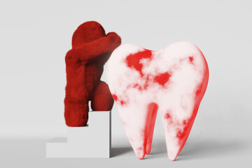 Toothache red furry Yeti monster catching molar tooth 3D rendering.Acute pain Sensitivity Caries...