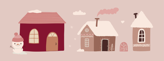 Winter cute cozy houses. Sweet doodle homes isolated on white background. Vector illustration