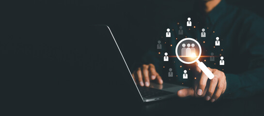 Businessman use computer,Customer Relationship Management, with global structure  Human Resources HR management recruitment employment headhunting concept.