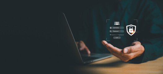 User authentication system with username and password, cybersecurity concept,global network security technology, business people protect personal information. cybersecurity concept.