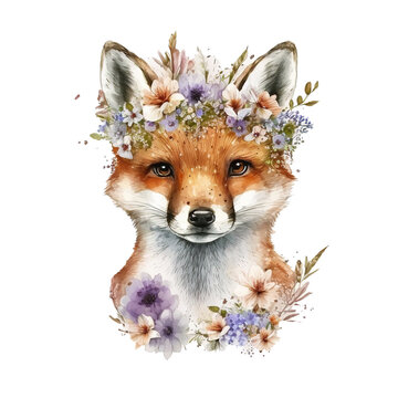 a cute fluffy red fox illustration with a crown of spring flowers on it's head on transparent background