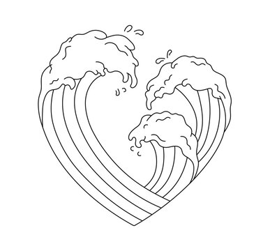 Vector isolated three high waves heart shape colorless black and white contour line easy drawing