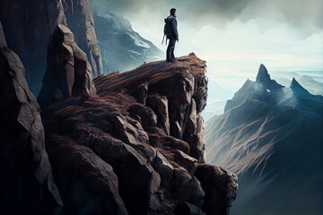 A man standing on a stone cliff. Generative AI