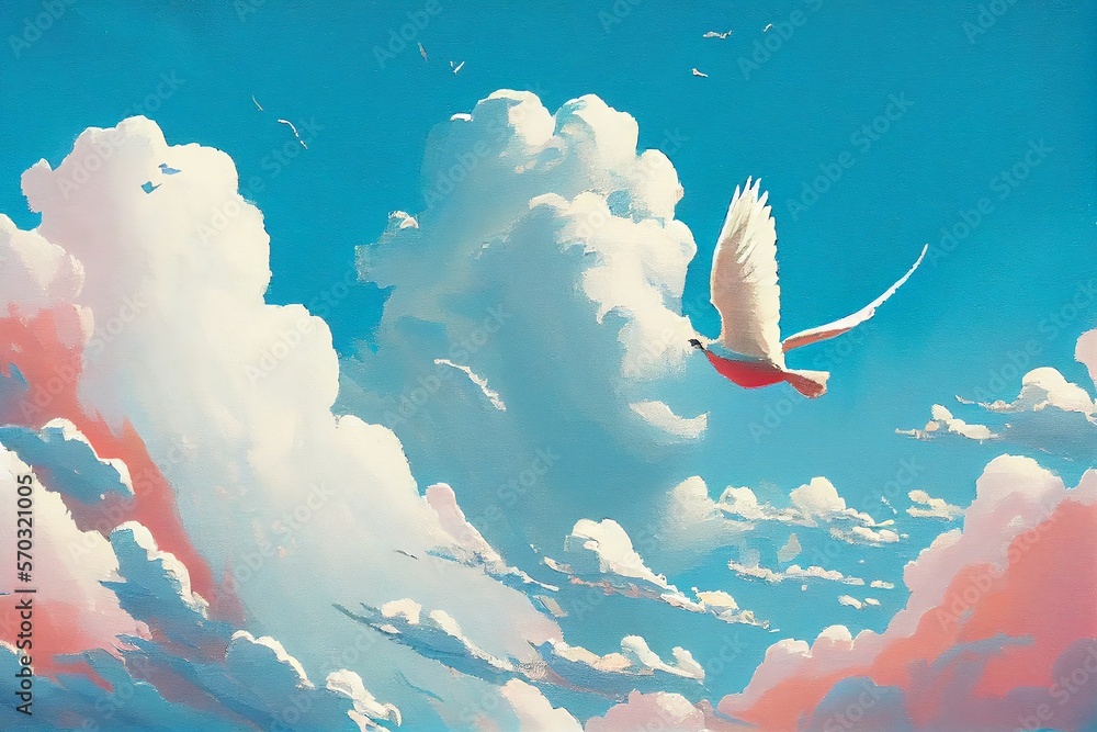 Wall mural a painting of a sky with clouds and a white bird flying in the sky with a blue sky in the background