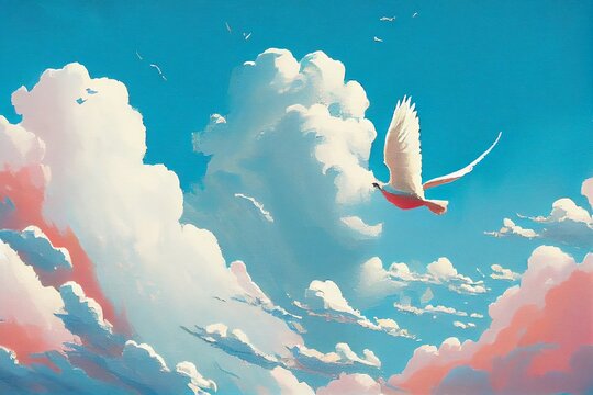 A painting of a sky with clouds and a white bird flying in the sky with a blue sky in the background and a white bird in the foreground with a pink and blue sky. Generative AI