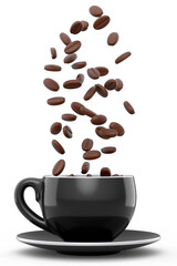 Ceramic coffee cup with coffee beans for americano, espresso, latte on white