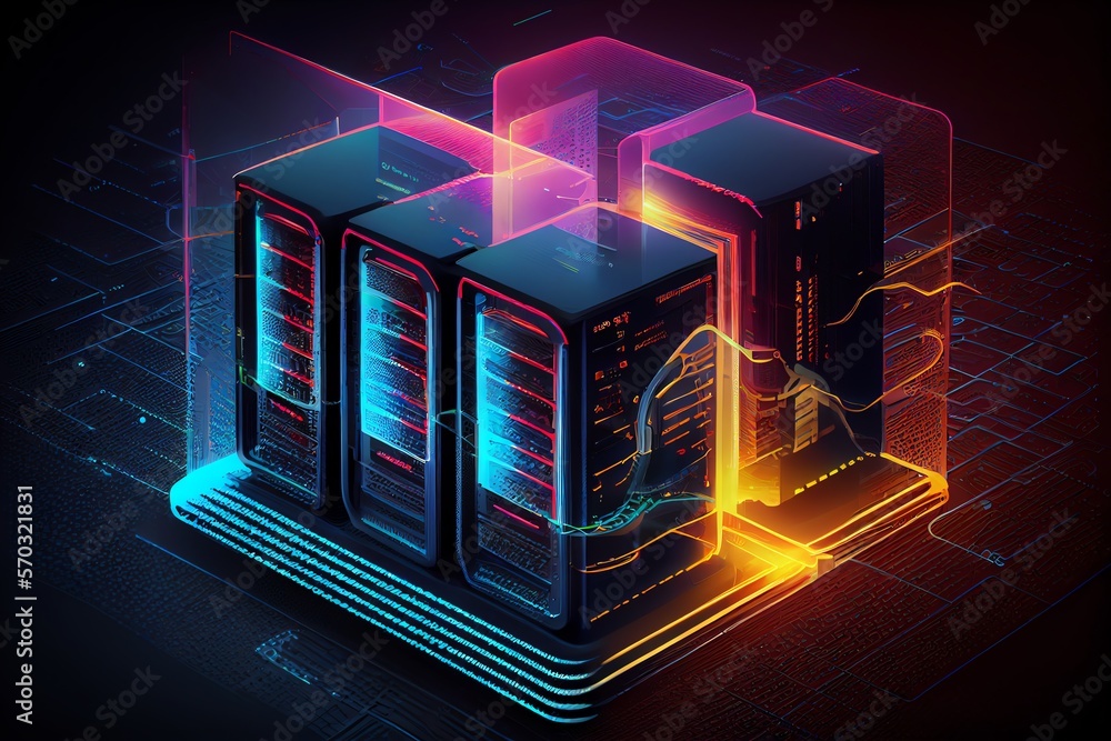 Poster big data center technology warehous with servers information digitalization starts. saas, cloud comp