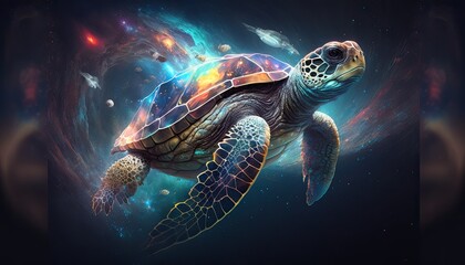 Fototapeta na wymiar Space Turtle in space. Godlike creature, cosmic, awe inspiring, dreamy digital illustration. Generative ai