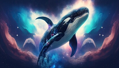 Obraz na płótnie Canvas Space Whale in space. Godlike creature, cosmic, awe inspiring, dreamy digital illustration. Generative ai