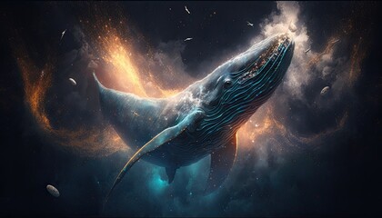 Plakat Space Whale in space. Godlike creature, cosmic, awe inspiring, dreamy digital illustration. Generative ai