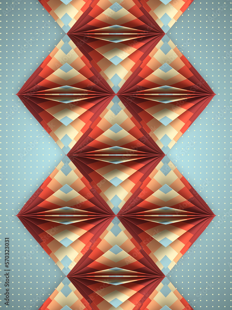 Poster stacks of flipping rhombus-shaped pages with a colorful mosaic pattern. 3d rendering digital illustr