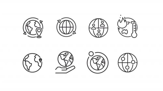 Animated globe linear icons. Online communication. World travelling. Moon and earth. Seamless loop HD video with alpha channel on transparent background. Outline motion graphic animation