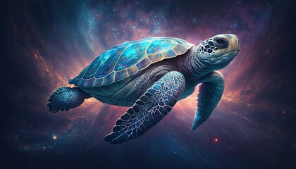 Obraz na płótnie Canvas Space Turtle in space. Godlike creature, cosmic, awe inspiring, dreamy digital illustration. Generative ai