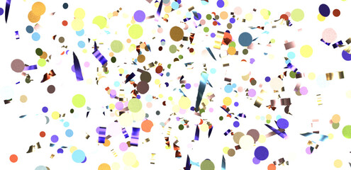 Fototapeta na wymiar Multicolor confetti abstract background with a lot of falling pieces, isolated on a white background. Festive decorative tinsel element for design