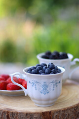 Fototapeta na wymiar Blueberries, blackberries and strawberries in the vintage porcelain set. Healthy snack served in a garden. Selective focus.