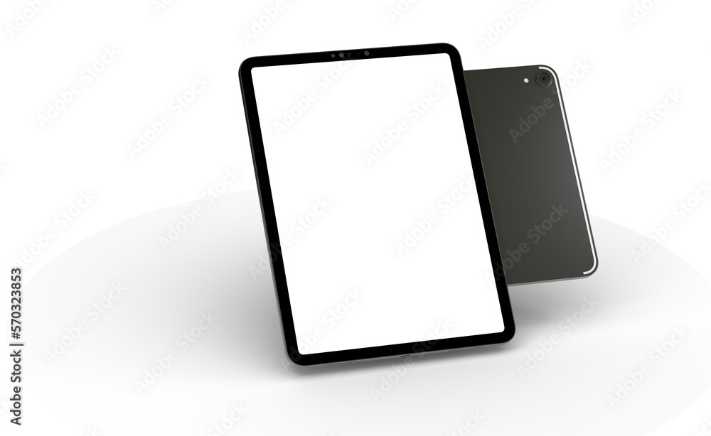 Poster modern tablet computer stand with blank screen isolated on white background