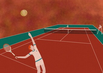 Vector illustration of male tennis player serving during game
