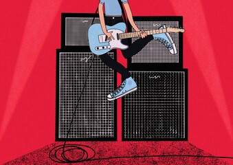 Image of crop male guitarist jumping on stage during rock concert