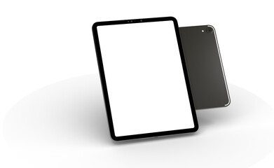 Modern tablet computer stand with blank screen isolated on white background