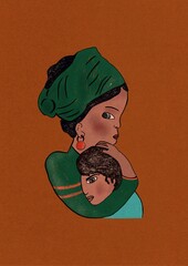 Picture of ethnic woman hugging son against brown background