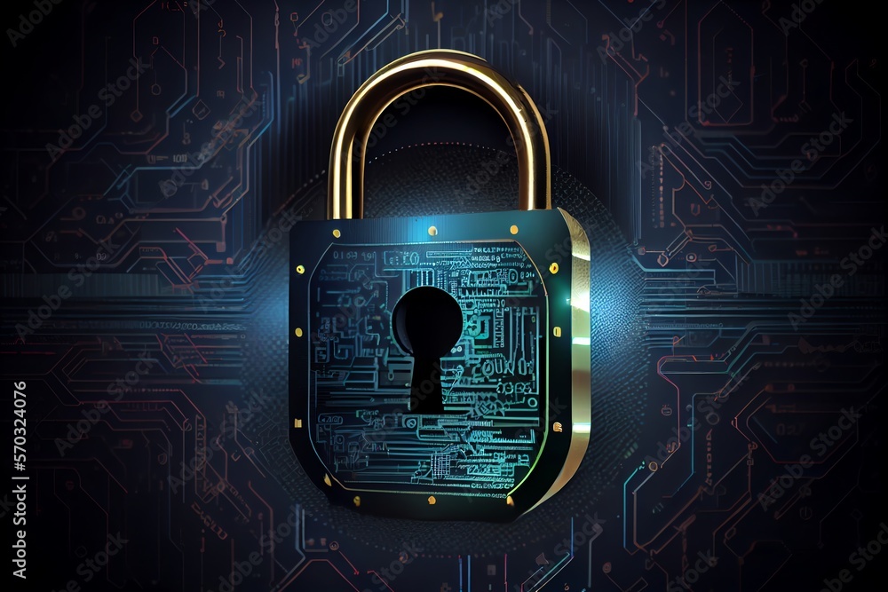 Poster cybersecurity padlock, digital lock on technology network data protection background. generative ai