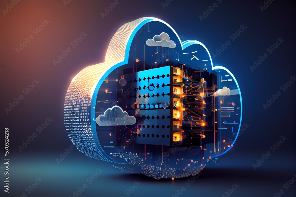 Poster data storage technology concept with cloud symbol against a futuristic, blue digital grid background