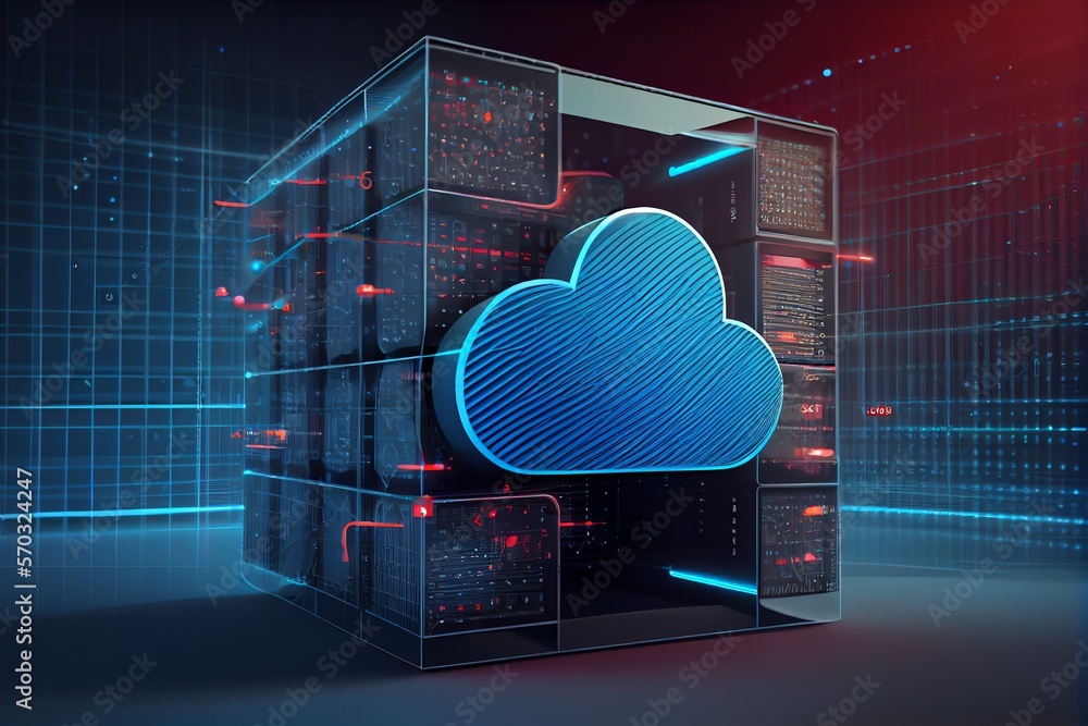 Poster data storage technology concept with cloud symbol against a futuristic, blue digital grid background
