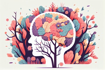 Human brain tree with flowers, self care and mental health concept, positive thinking, creative mind. Generative AI
