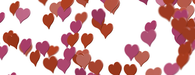 Falling red and pink hearts isolated on transparent background. Valentine’s day design. 3D rendering