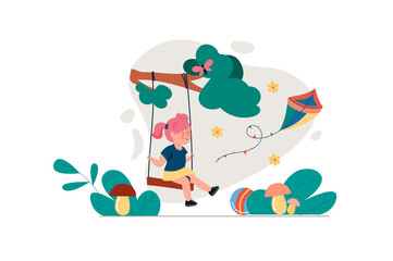 Summer vacation concept with people scene in the flat cartoon style. Girl swings and flies a kite on the garden.