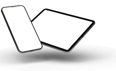 3D brandless tablet with empty screen isolated on white background