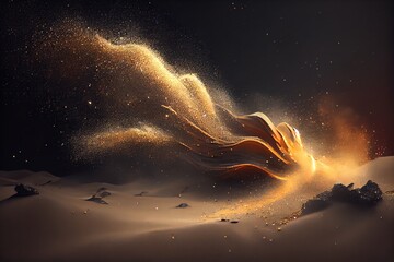 Fototapeta premium In the form of a conflagration and a torrent of glittering gold sand, dust, and glitter. Generative AI
