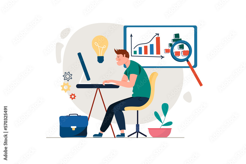 Aufkleber seo concept with people scene in the flat cartoon style. programmer works at a computer and analyzes