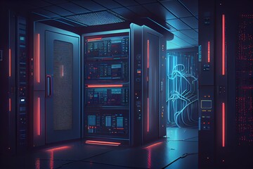 server room 3d illustration with node base programming data design element. Generative AI