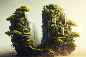 Splendid environmental awareness city with vertical forest concept of metropolis covered with green plants. Civil architecture and natural biological life combination. Digital art. Generative AI