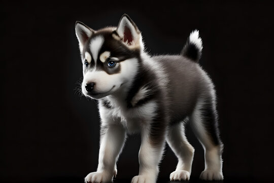 Isolated adorable siberian husky puppy with sparkeling blue eyes on uniform black background. Generative AI