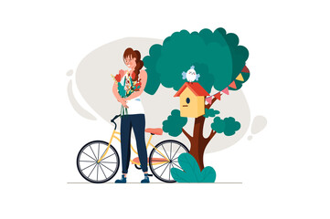 Spring concept with people scene in the flat cartoon style. Girl rides a bicycle and collects spring flowers in the forest.