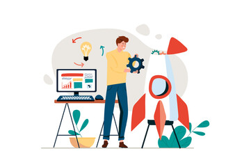 Startup concept with people scene in the flat cartoon design. Man starts his project and wait for success.