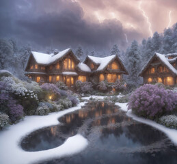 A winter village and lake during a thunder storm, fantasy painting