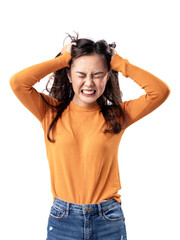 Fototapeta premium A portrait of a happy Asian Indonesian woman wearing an orange sweater and holding her head with both hands, isolated on a white background
