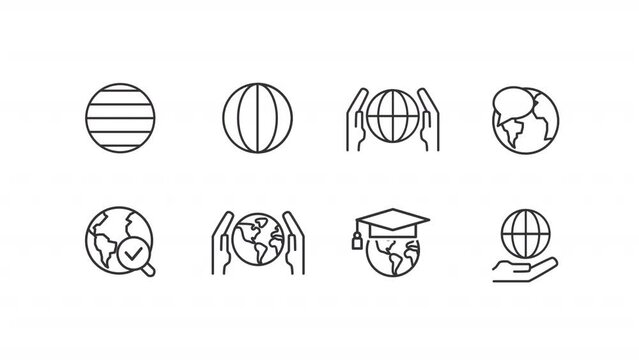Animated planet linear icons. Latitude and longitude. Internet. International training. Seamless loop HD video with alpha channel on transparent background. Outline motion graphic animation