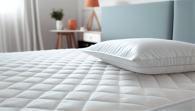 Gesunder Schlaf: Bett mit bequemer orthop&auml;discher Matratze im Zimmer - Generative Ai