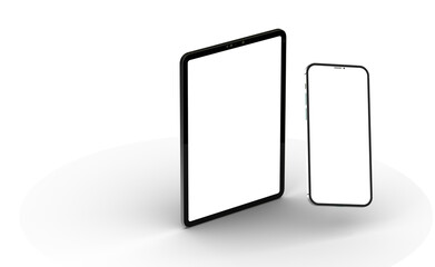 Gadgets including smartphone, digital tablet and laptop, blank screen with