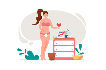 Menstrual period concept with people scene in the flat cartoon style. Girl is in harmony with herself, because she takes care of her health. - obrazy, fototapety, plakaty