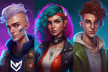 Naklejka premium Set metaverse avatars. Girl and two boys. Generative AI.Generative AI.