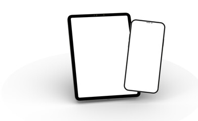 Gadgets including smartphone, digital tablet and laptop, blank screen with